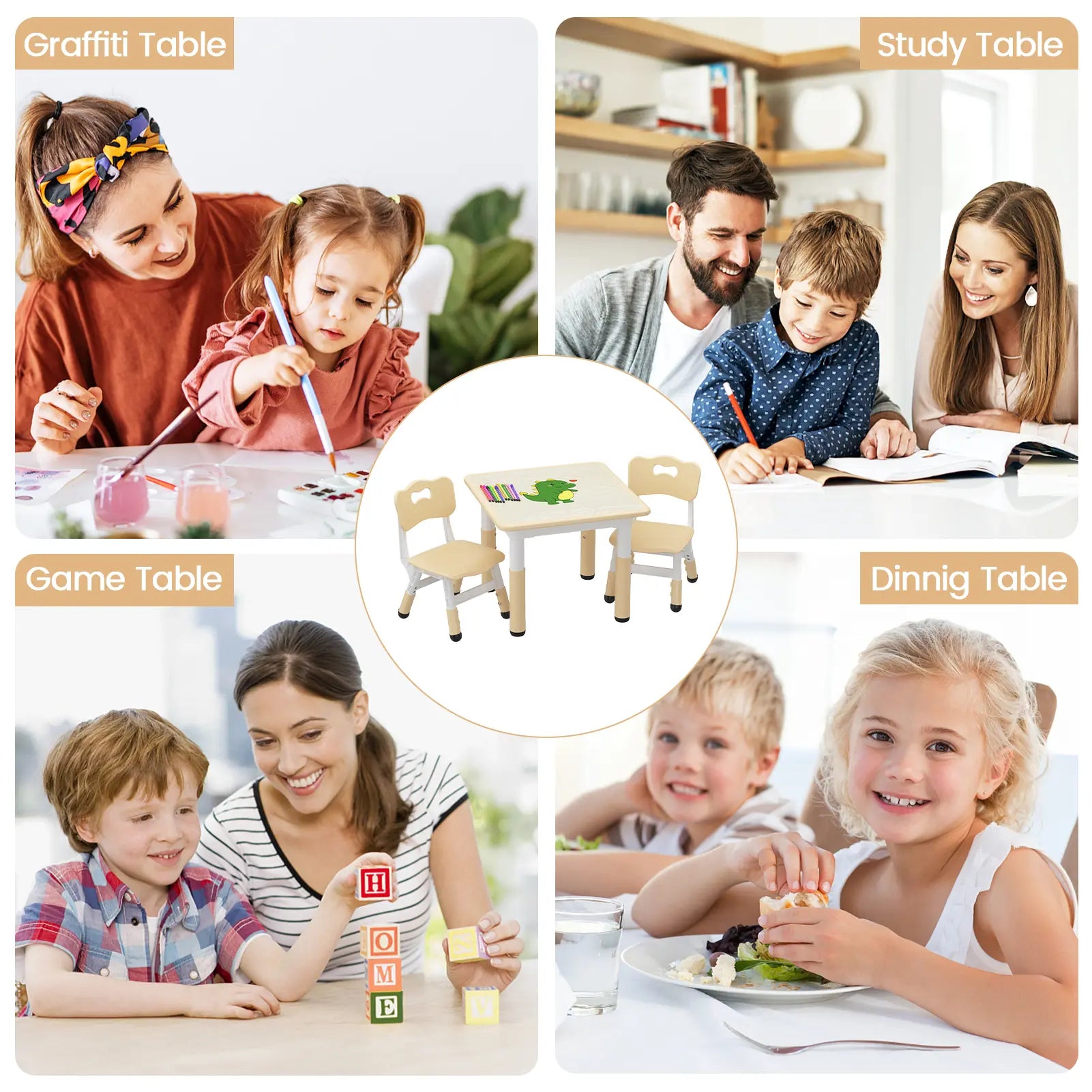 Height-Adjustable Kids Table with 2 Chairs – Easy-Clean & Non-Slip – Graffiti Tabletop, Durable Multi-Purpose Set – Ideal for Bedrooms, Classrooms & Playrooms – for Children Ages 2-10