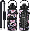 Half Gallon Water Bottle with Sleeve 64 OZ Water Bottle with Straw & Time Marker to Drink Leakproof Motivational Water Jug with Insulated Holder for Women Men Workout Gym Sport