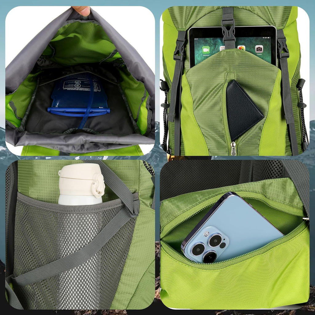 75L Hiking Backpack with Rain Cover Waterproof Camping Backpack Shoes Warehouse for Men Women, Frameless