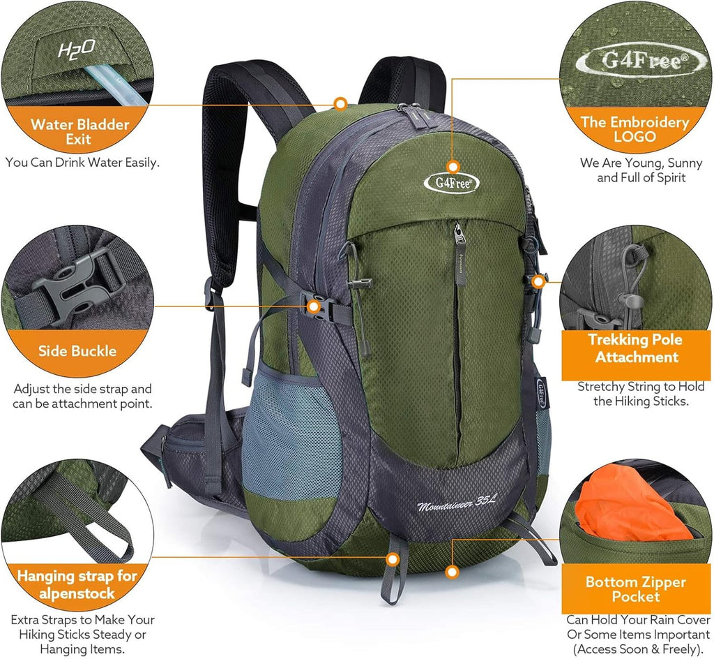 35L Hiking Backpack Water Resistant Outdoor Sports Travel Daypack Lightweight with Rain Cover for Women Men (Army Green)